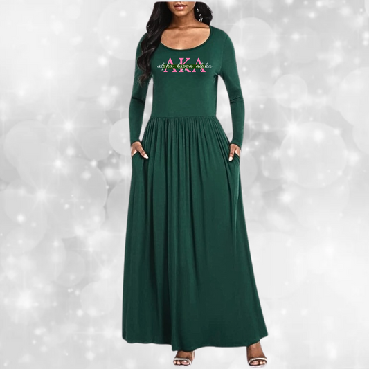 Alpha Kappa Alpha Long Sleeve Pocket Dress - GREEN