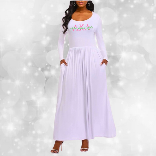 Alpha Kappa Alpha Long Sleeve Pocket Dress - WHITE